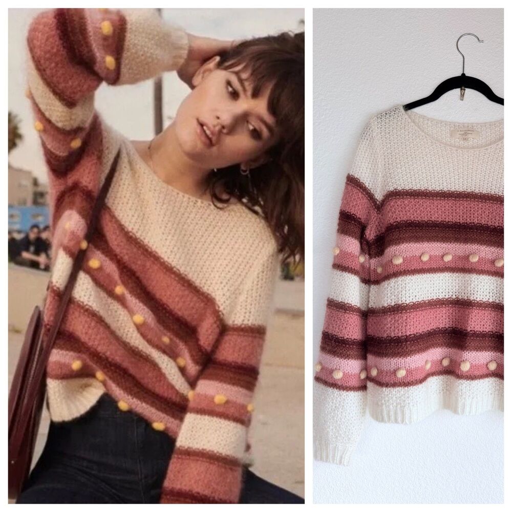 EUC Sezane Penelope Pom Pom Mohair Merino Wool Blend Sweater in Cream & Pink S